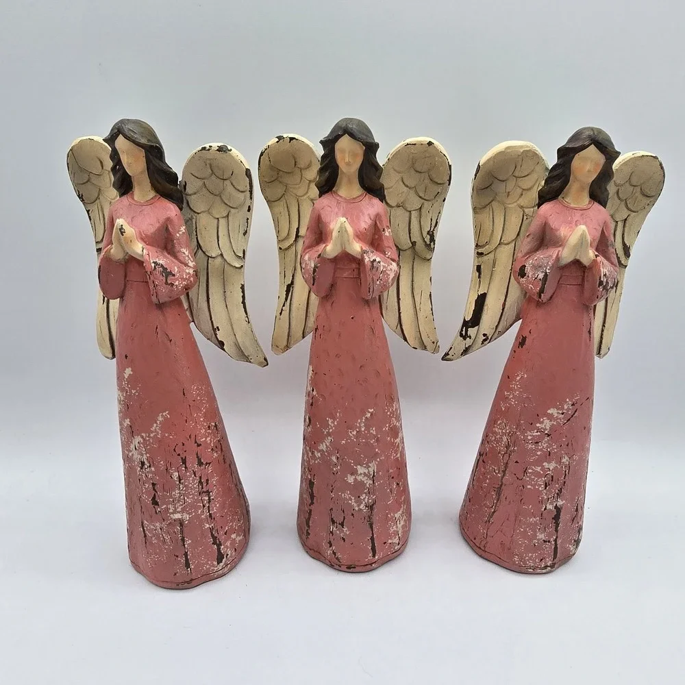 Set Of 3‎ Angel Figurines Pray Pink Praying Rustic Christmas Home Decor